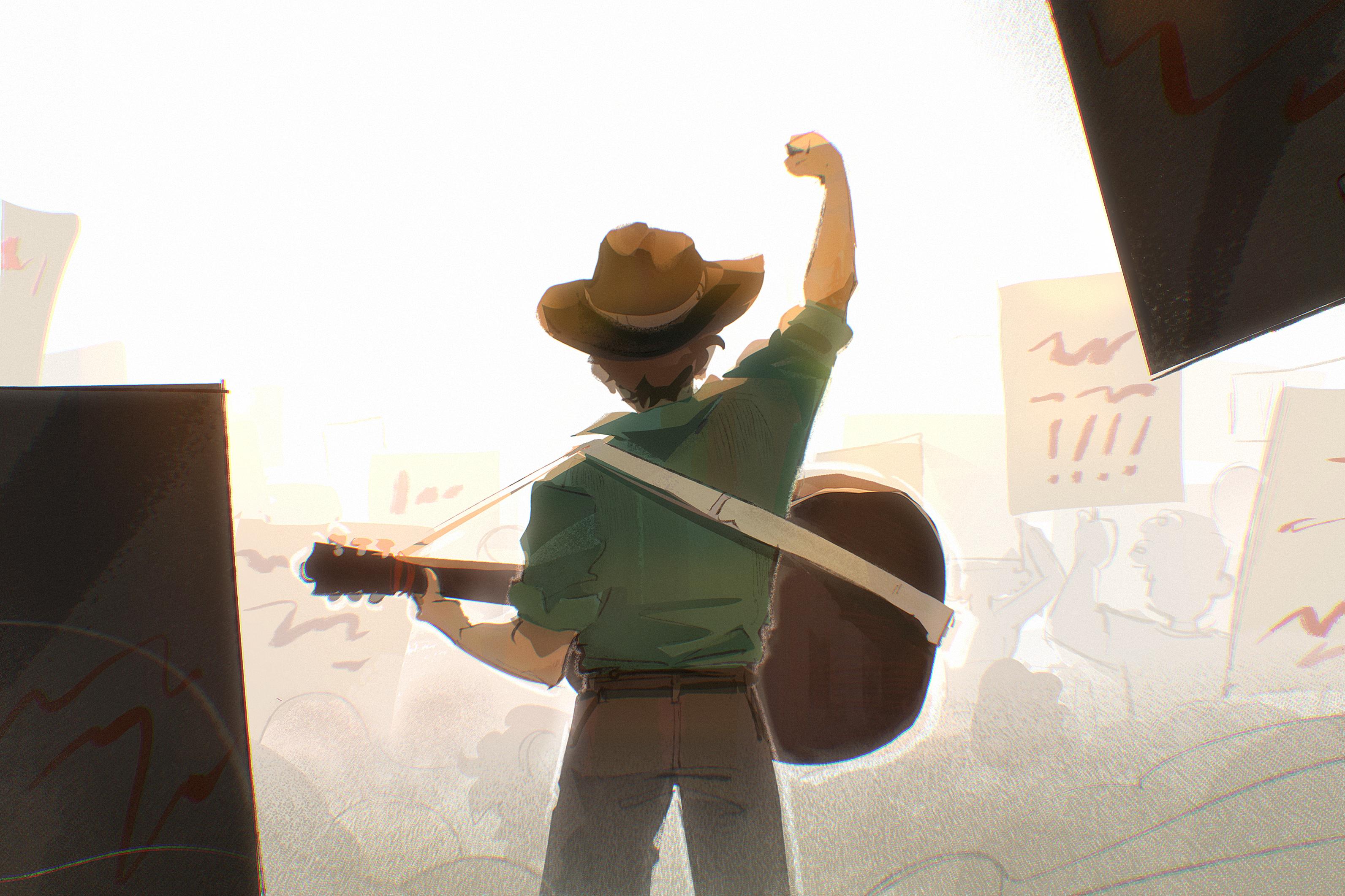 Drawing of man wearing a guitar with fist closed in air. Crowd is a protest with signs.