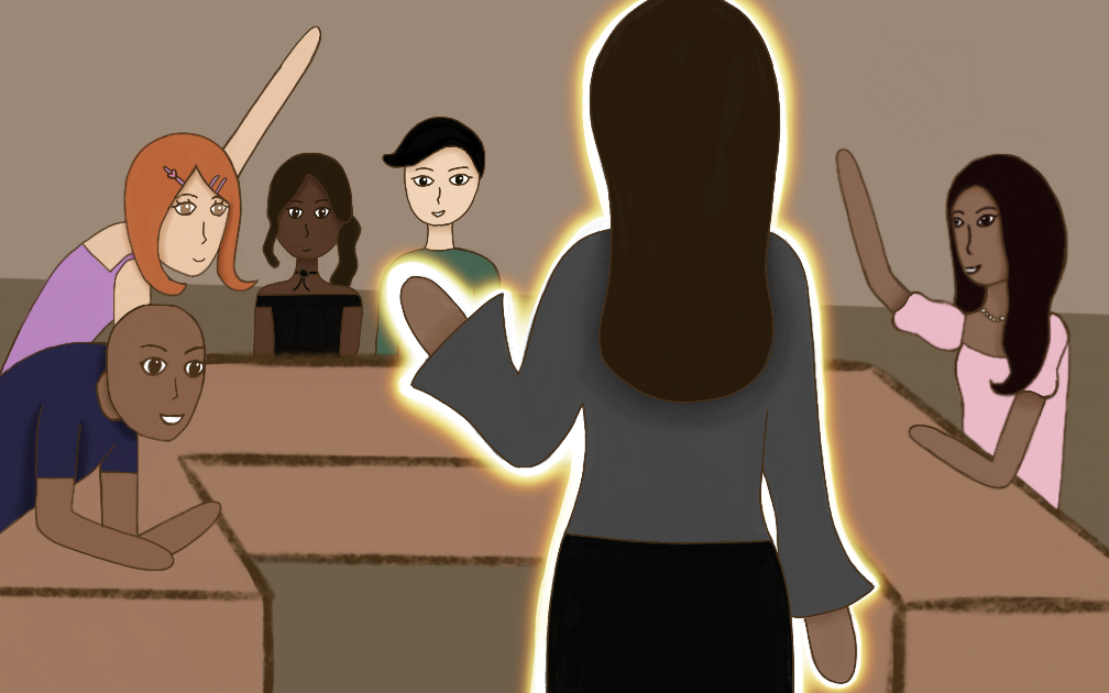 Individual with a glow around their figure facing five individuals sitting at a table.